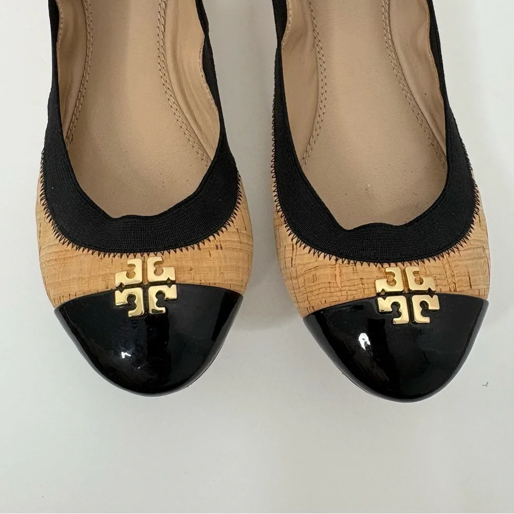 Tory Burch Black and Natural Cork Cap-Toe Ballet Flats